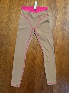 Fabletics Tan Leggings with Pink Trim